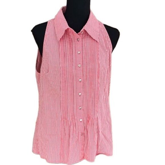 Spense Tops - 𝅺Spense sleeveless stitched small pleated button front coral/white checked top